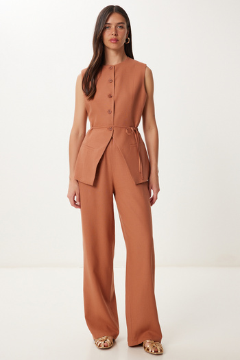 Happiness İstanbul Women's Tile Binding Detailed Linen Vest Pants Suit No00026