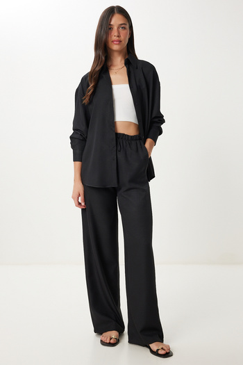 Happiness İstanbul Women's Black Linen Shirt Pants Suit Pb00051