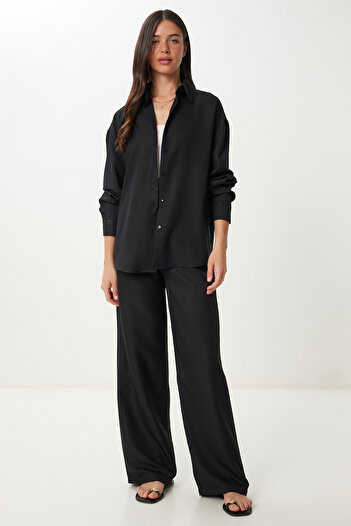 Happiness İstanbul Women's Black Linen Shirt Pants Suit Pb00051