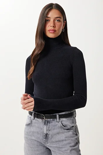 Happiness İstanbul Pulover de damă cu gât țesut negru elastic tricotaj NS00460