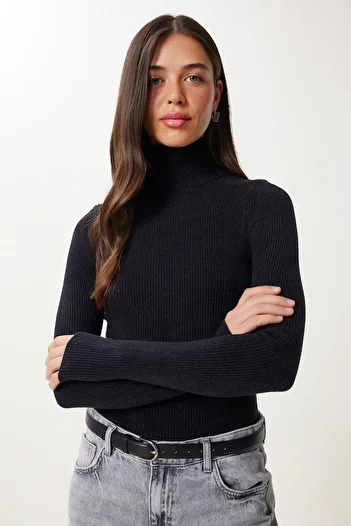 Happiness İstanbul Pulover de damă cu gât țesut negru elastic tricotaj NS00460