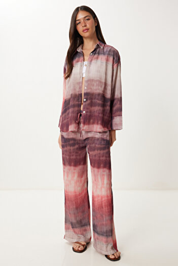 Happiness İstanbul Beige-rosa Batik-gemusterte gewebte Hemdhosen-Set für Damen HR00006