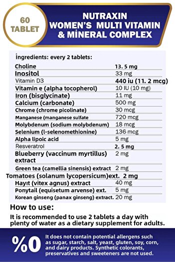 Nutraxin Multivitamin and Mineral Complex for Women - 60 Tablets 2 Pack