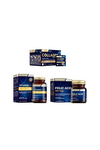 Nutraxin Collagen 30 Sachet 10000Mg+VitaminMax (c,d,zinc)60 Tablets + Folic Acid 100 Tablets