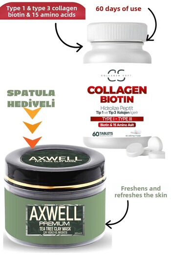 AXWELL Hydrolyzed Type 1 and 3 - Collagen Peptides, Biotin, 15 Amino Acid and Tea Tree Clay Mask Set