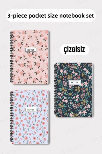 Eldesen Tasarım Set of 3 Pocket Size A6 Spiral Unlined Notebooks, Cardboard Cover 10X14 Cm, 50 Sheets 100 Pages