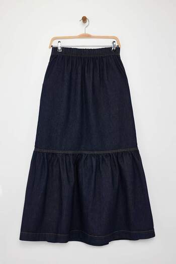Trendyol Collection Ειδική συλλογή Σκούρο μπλε μάξι τζιν φούστα με ελαστική μέση TWOAW26ET00012