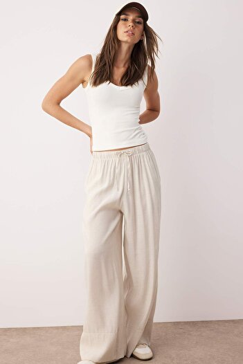 Trendyol Collection Wide Leg/Wide Leg Elastic Waist Pants with Stone Linen Content Twoss25Pl00124