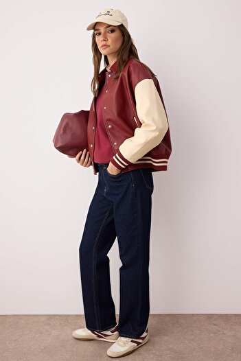 Trendyol Collection Burgundy-Cream Oversize Pattern Faux Leather College Bomber Jacket Coats Twoaw26Mo00006
