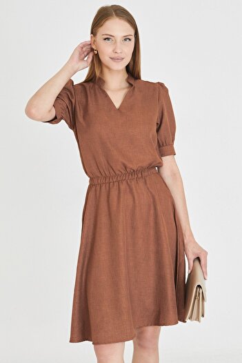 armonika Women Coffee V Neck Elastic Waist Short Sleeve Flared Dress Arm-25Y001001