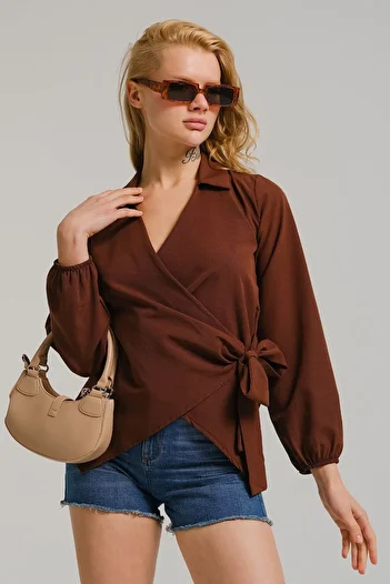 armonika Women's Coffee Collar Double Breasted Blouse ARM-22Y024025