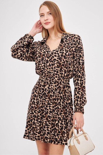 armonika Women's Beige Shirt Collar Detailed Elastic Waist Sleeve Flared Dress Arm-25K 001043