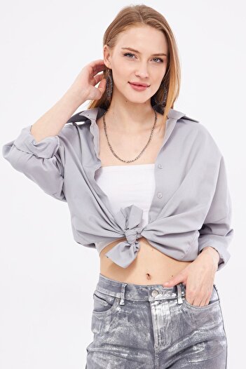 armonika Kadın Gri Oversize Uzun Basic Gömlek ARM-22Y001118