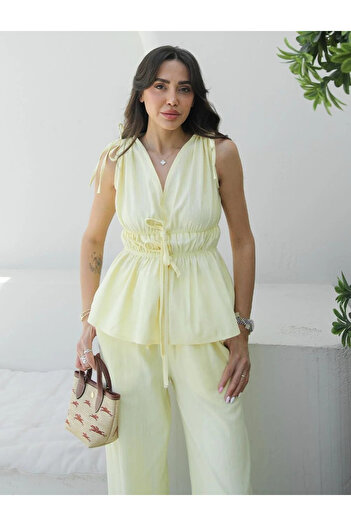 My Blog Yellow 100% Cotton Shoulder Waist Shirred Blouse Trousers Set - 8612