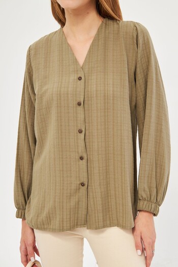 armonika KHaki Colored Women's Shirt - Elastic Sleeve and Wrap DesiGn ARM-24k 001002