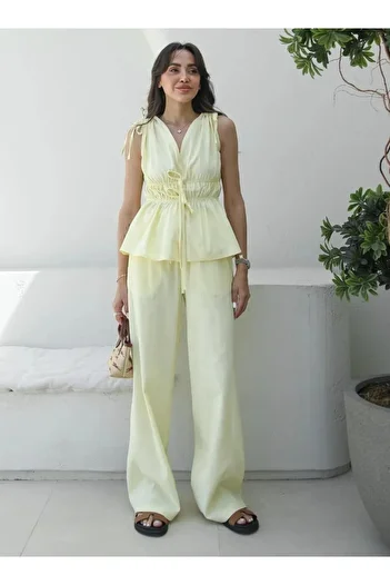My Blog Yellow 100% Cotton Shoulder Waist Shirred Blouse Trousers Set - 8612