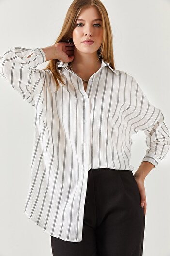armonika Γυναικείο Λευκό Λεπτό Ριγέ Oversize Μακρύ Βασικό Πουκάμισο ARM-22Y001185