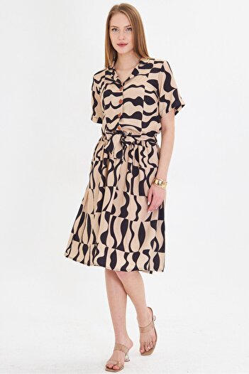 armonika Women's Beige Buttoned Front Waist Drawstring Belted Midi Dress Arm-24Y 001068