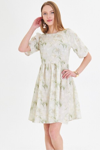 armonika Women's Beige Crew Neck Back Zipper Watermelon Sleeve Waist Shirred Dress Arm-25Y 001009