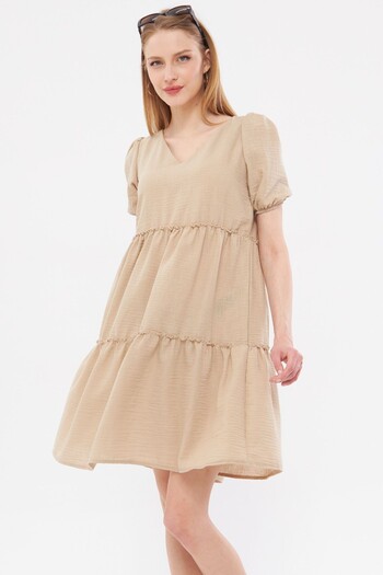 armonika Beige V-Neck Frilly Linen Look Women's Dress - ARM-24Y001071