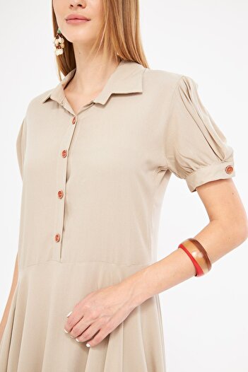 armonika Beige Flared Watermelon Sleeve Dress - Shirt Collar and Slit Detail ARM-24Y 001083