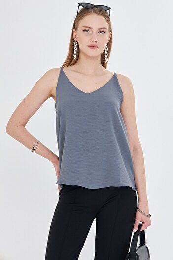 armonika Women's Gray Linen Look Strappy Blouse Arm-24Y 001064