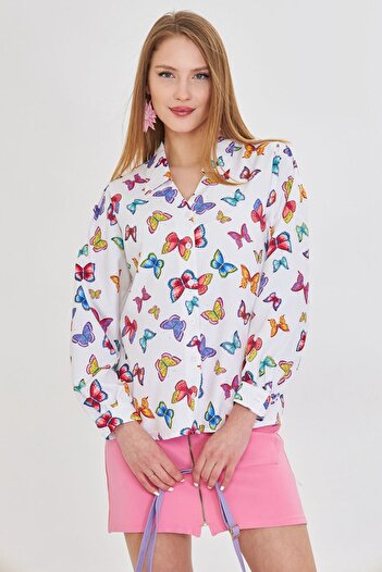 armonika Women's White V-Neck Balloon Sleeve Patterned Shirt Arm-25Y 001016