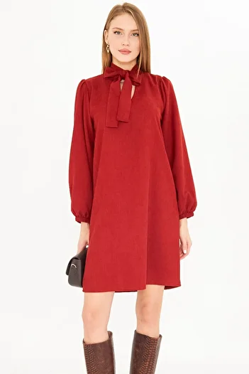armonika Women's Tile Collar Tie Elastic Sleeves Velvet Dress Arm-25K 001087