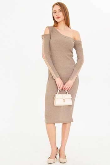 armonika Beige Midi Dress - Asymmetrical Neckline, Tulle Sleeve and Slit Camisole Arm-25K 001081