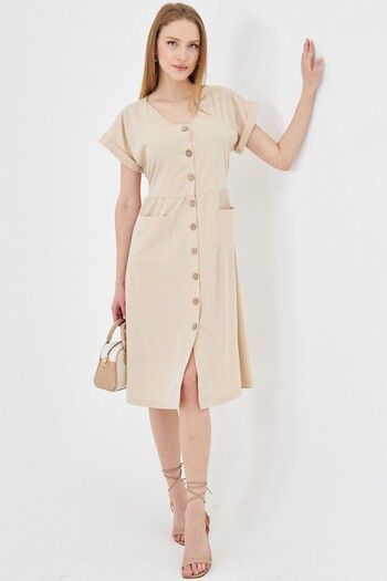 armonika Women's Beige Pocket Buttoned Front Dress ARM-19Y001105
