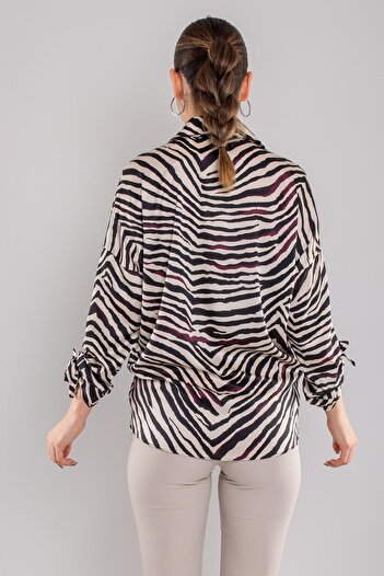 AYHAN 50630-5 Degrade Zebra Desen Kol Ucu Beli İpli Saten Bluz