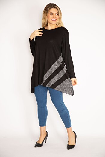 Şans Women's Large Size Black Glitter Detailed Tunic 65n35186