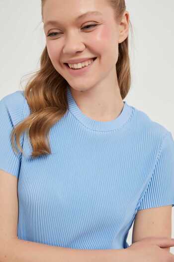 Arma Life Women's Pleated Short Sleeve Summer Tight Blue Crop Blouse