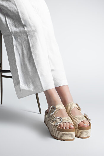 Marjin Women's Straw Thick Sole Stone Double Banded Daily Slippers Fivora Beige Straw