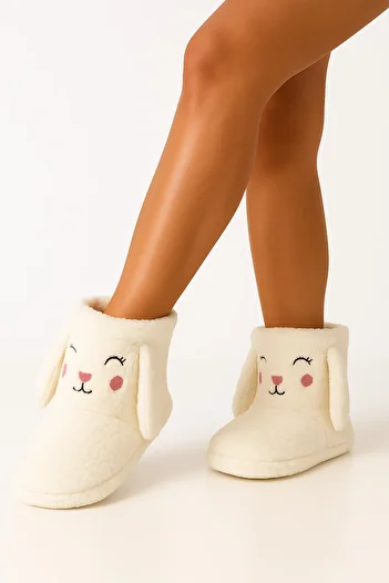 fluffy Embroidered Plush Women's Home Boots - Warm Fabric, Ear, Thick Thermo Sole Slippers