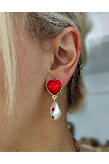 mos&more Gold Red Heart Pearl Stylish Women's Earrings