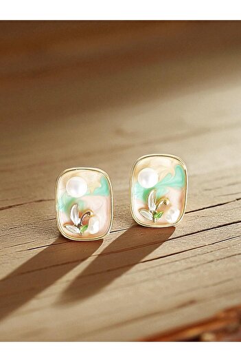 POKAK Vintage Pearl Flower Oil Painting Look Steel Plated Earrings