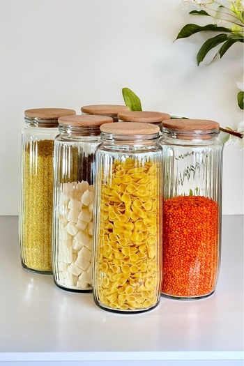Mutfak Köşesi Set of 6 Glass Jars with Wooden Lids Vacuum Lids Set of Pulses 1500 ml