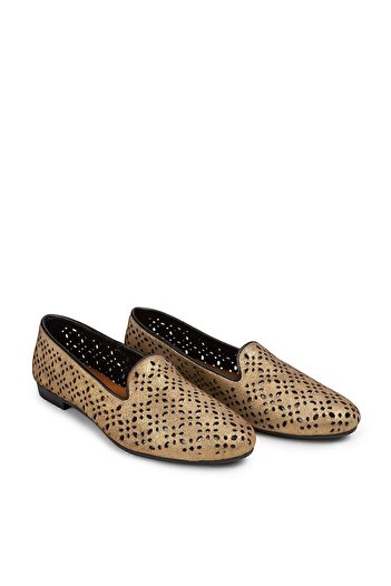 Deery Genuine Suede Gold Color Glitter Laser Cut Women's Ballerinas
