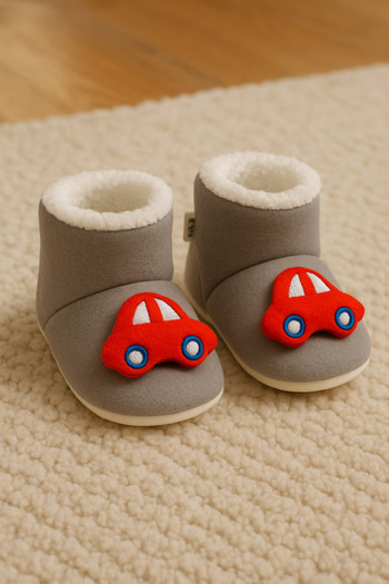 Puppis Baby Baby Boy Slippers, Red Car Design, Anti-Slip Sole, Anti-Sweat, Organic Ilkadım