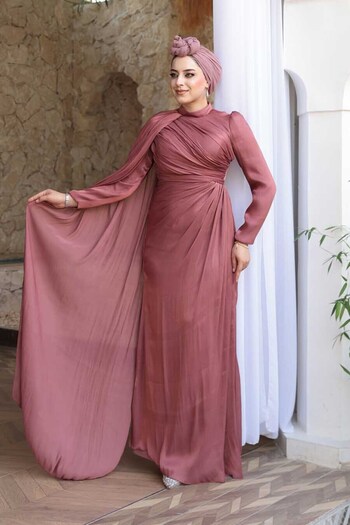 N.S NEVA STYLE Βραδινό φόρεμα Hijab με μανδύα με λεπτομέρεια Dark Dusty Rose 5296KGK