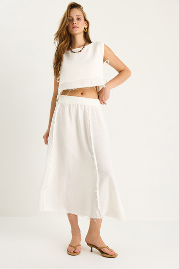 Bianco Lucci Women's Elastic Waist Skirt with Side Tie Detail Crop Muslin Bottom-Top Set 60283236
