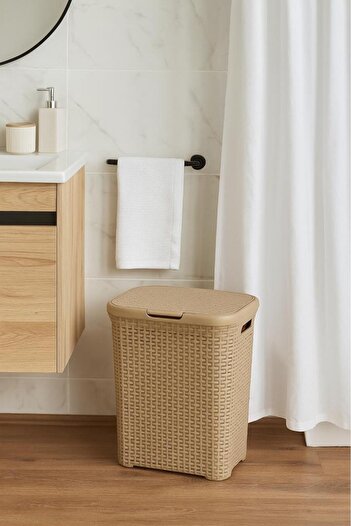 Saban Bej Plastik Hasır Desenli Kapaklı Çamaşır Sepeti – 55x43x33cm