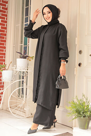 Neva Style طقم حجاب أسود مكون من قطعتين - زر، 12591S
