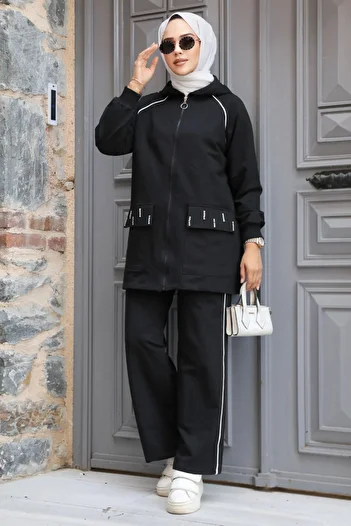 Neva Style Black Hooded Hijab Double Suit - 20113S