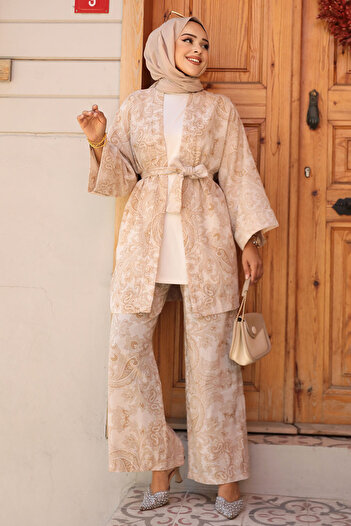 Neva Style Desenli Camel Tesettür İkili Kimono Takım 12122C