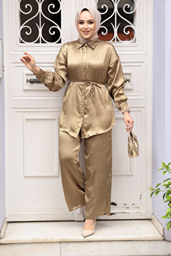 N.S NEVA STYLE Buttoned Oil Green Hijab Double Suit 4016Yy