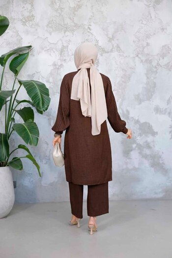 Neva Style Πλισέ μανίκια Σκούρο καφέ Hijab Διπλό Σετ 51991KKH