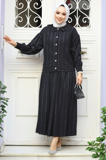 Neva Style Black Hijab Skirt Baby Collar Double Suit - 30004S