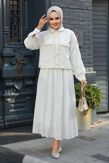 Neva Style Διπλό Σετ με Κορδόνι Λευκή Φούστα Hijab 14171B